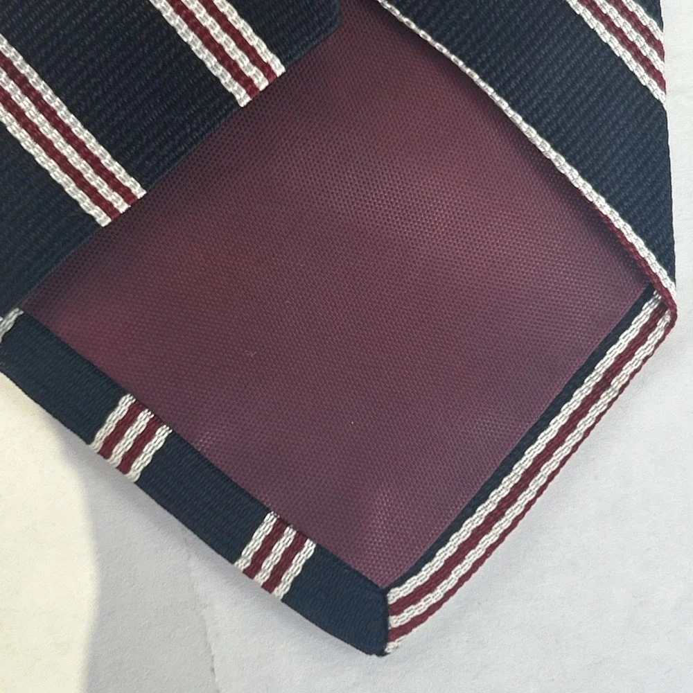 Vtg Philippe Perrier Repp Striped Silk Tie Navy Blue With Red & White Classic